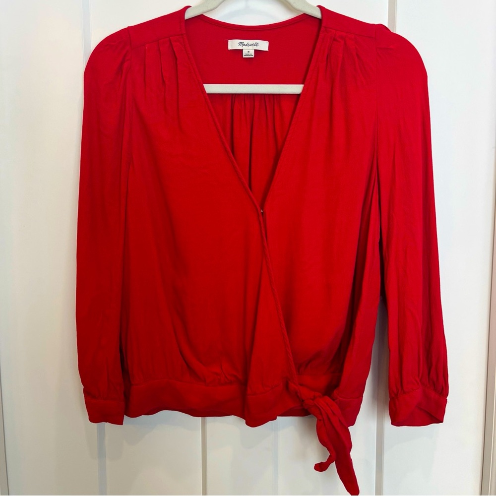 Madewell Blouse Women's Size Medium V-Neck Long Sleeve Lightweight Tie Side Wrap